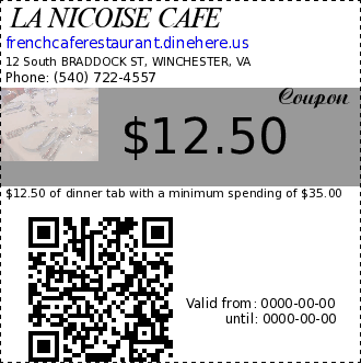 LA NICOISE CAFE coupon : $12.50 of dinner tab with a minimum spending of $35.00sunday to friday