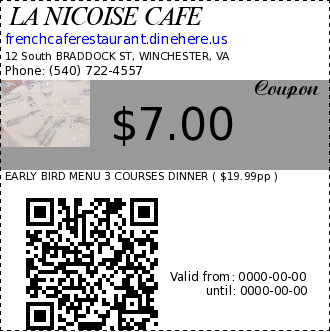 LA NICOISE CAFE coupon : EARLY BIRD MENU 3 COURSES DINNER ( $19.99pp )VALID sun/fri 5.30 TO 7.00